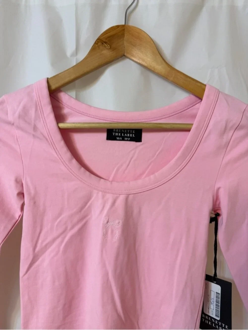 Brunette The Label Bow Long Sleeve Scoop Neck Tee Bubblegum Pink XS/S